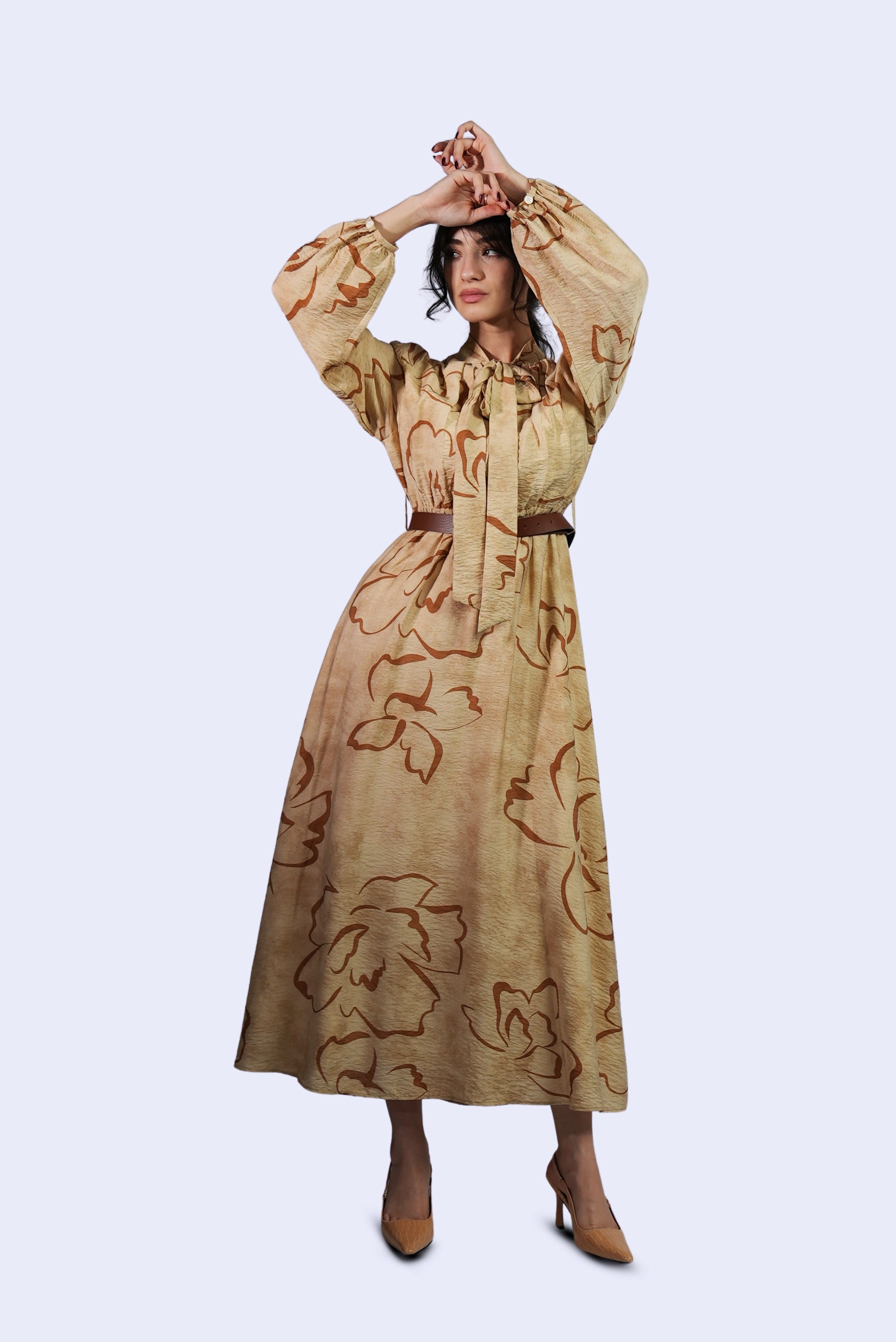Robe beige imprimée à nœud