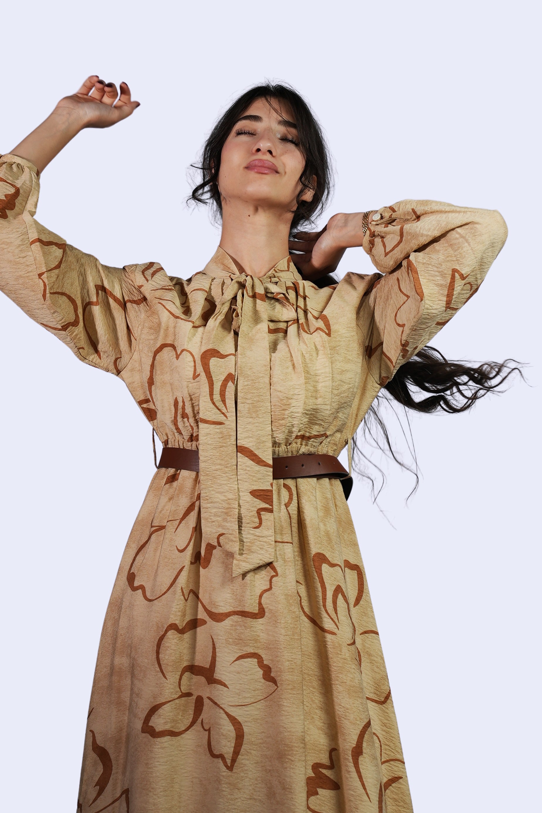 Robe beige imprimée à nœud
