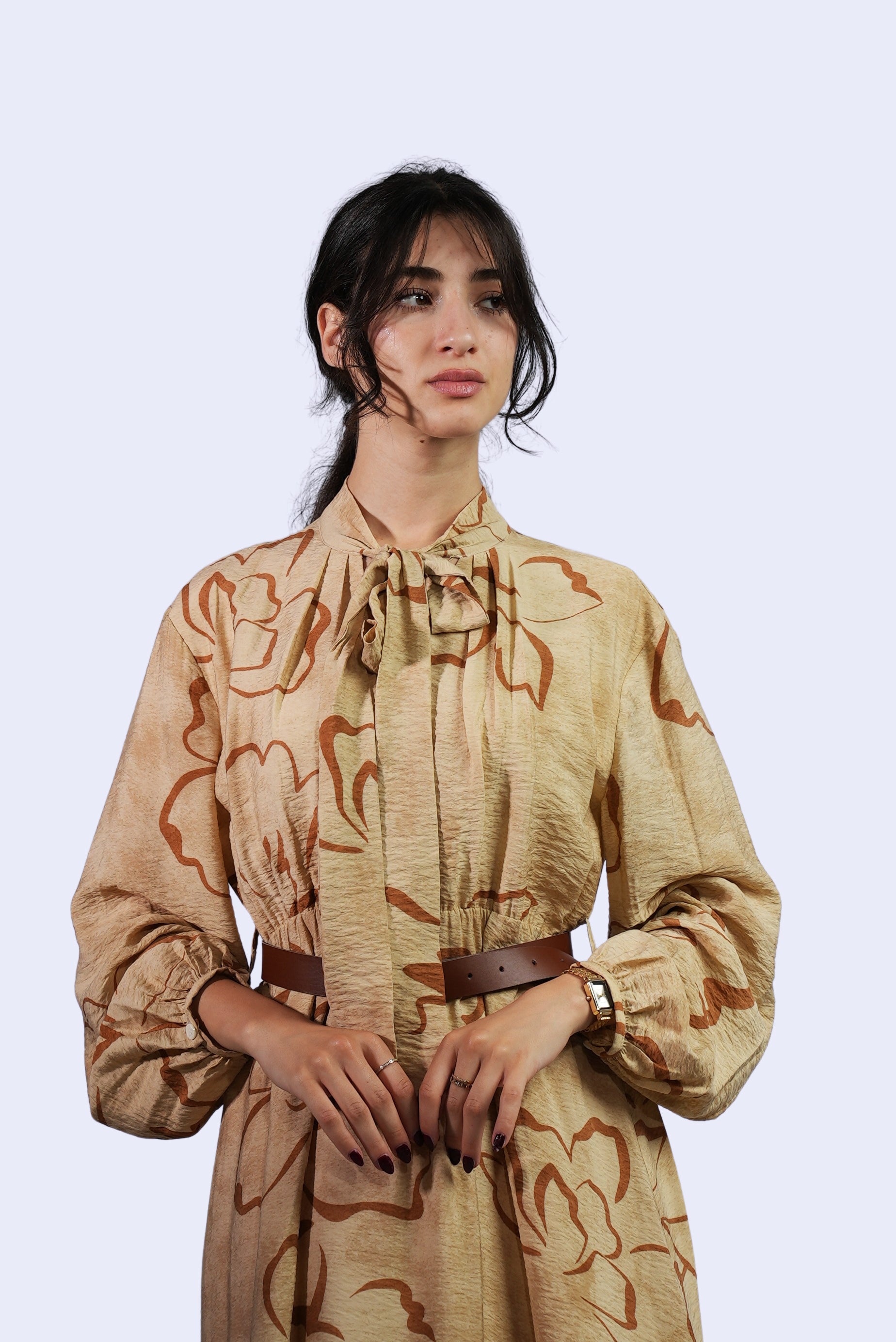Robe beige imprimée à nœud