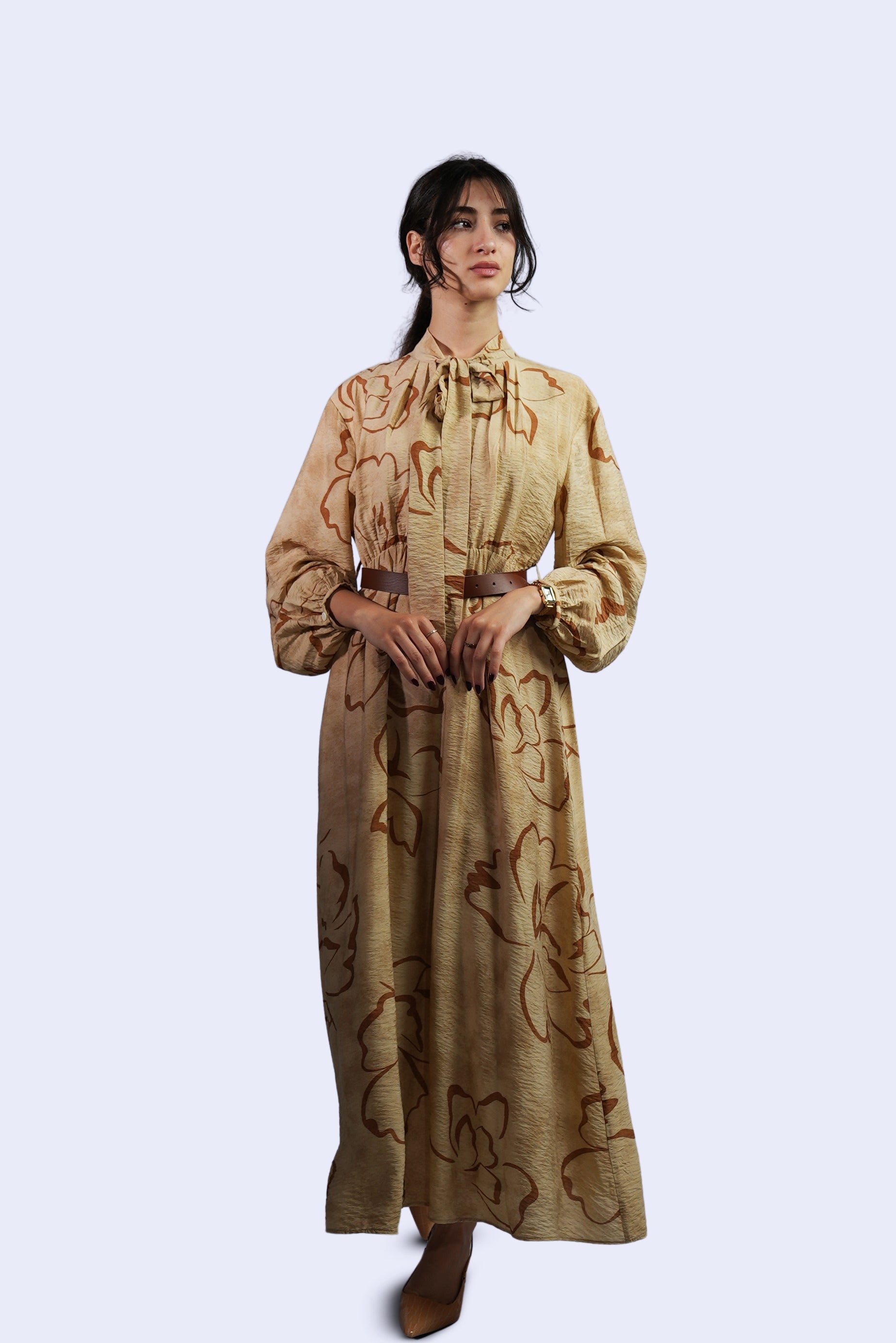 Robe beige imprimée à nœud