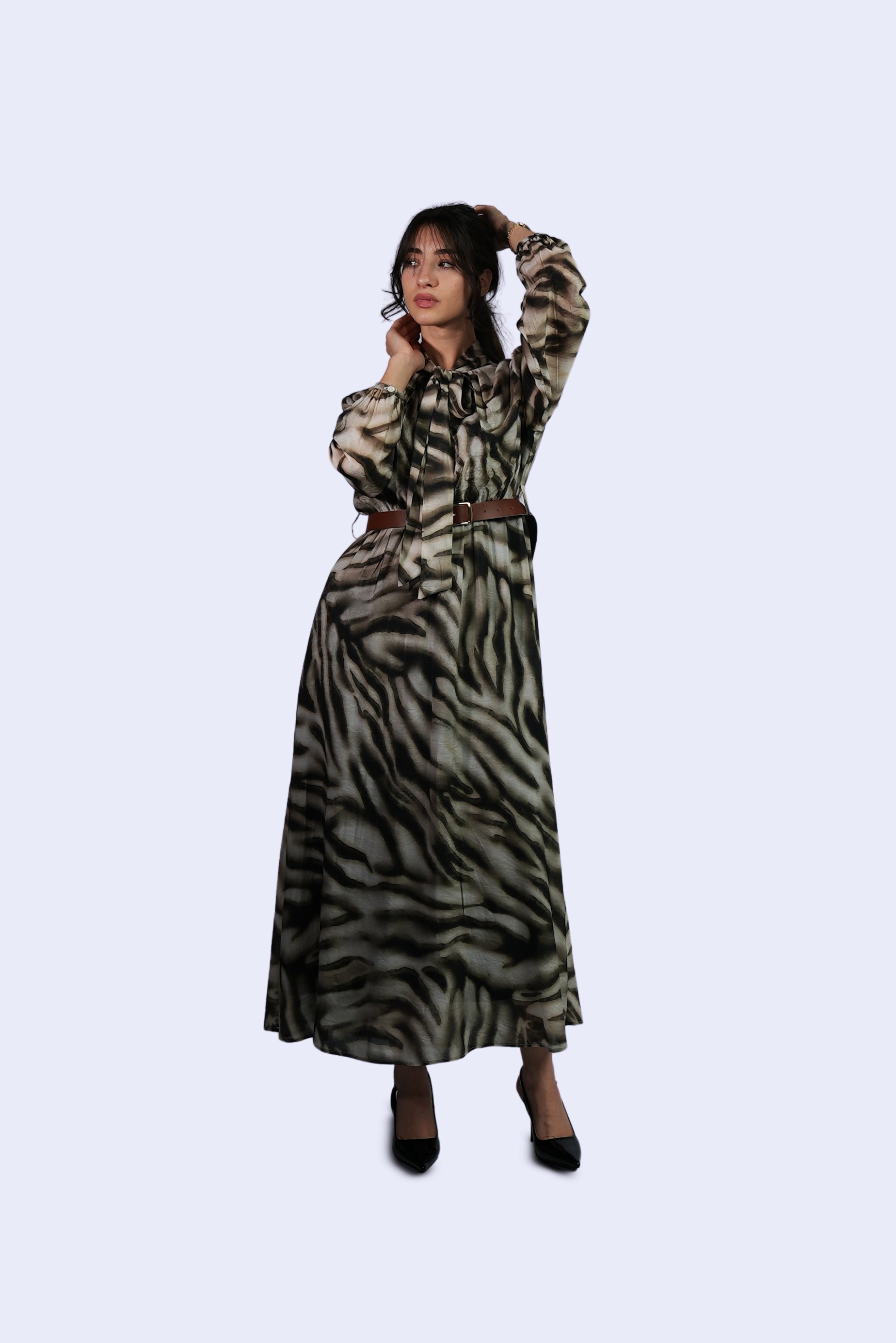 Robe beige imprimée à nœud