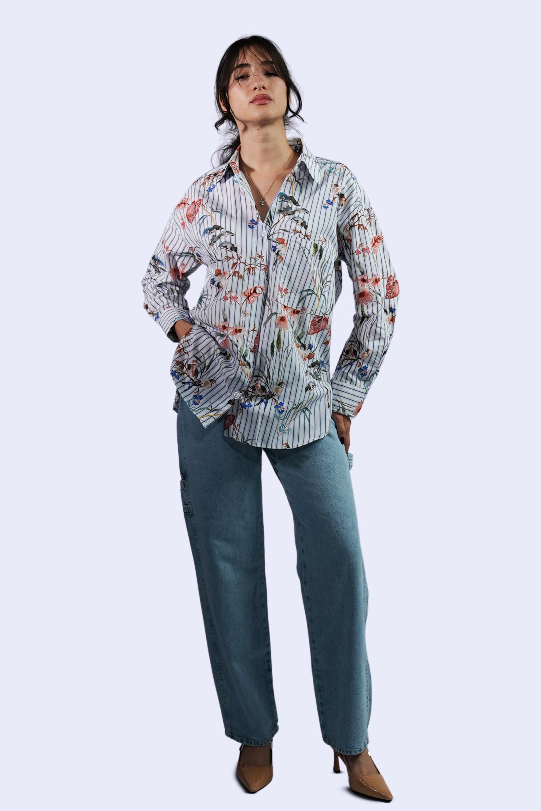 Chemise rayée à imprimé floral