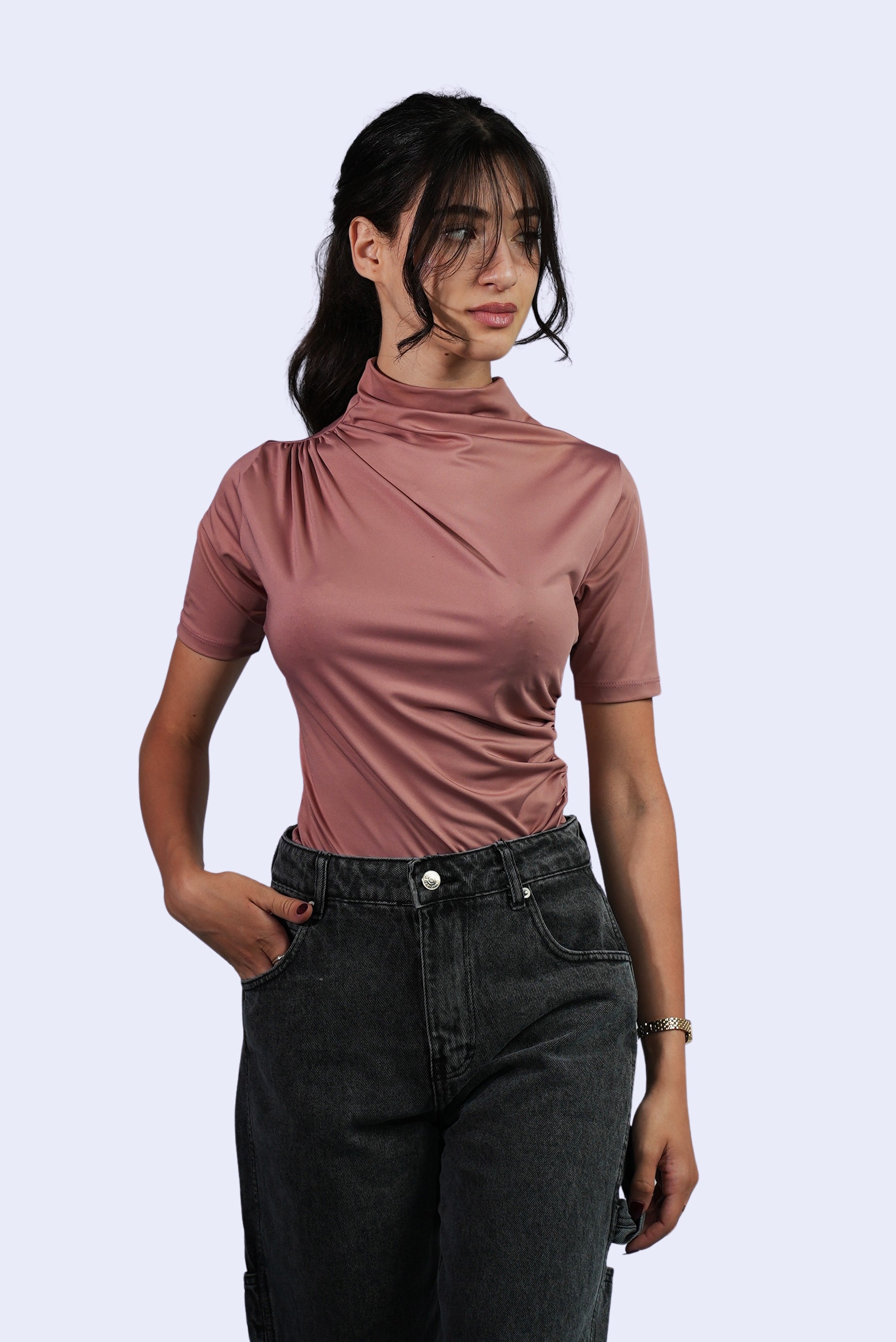 T-shirt Femme Col Montant Drapé