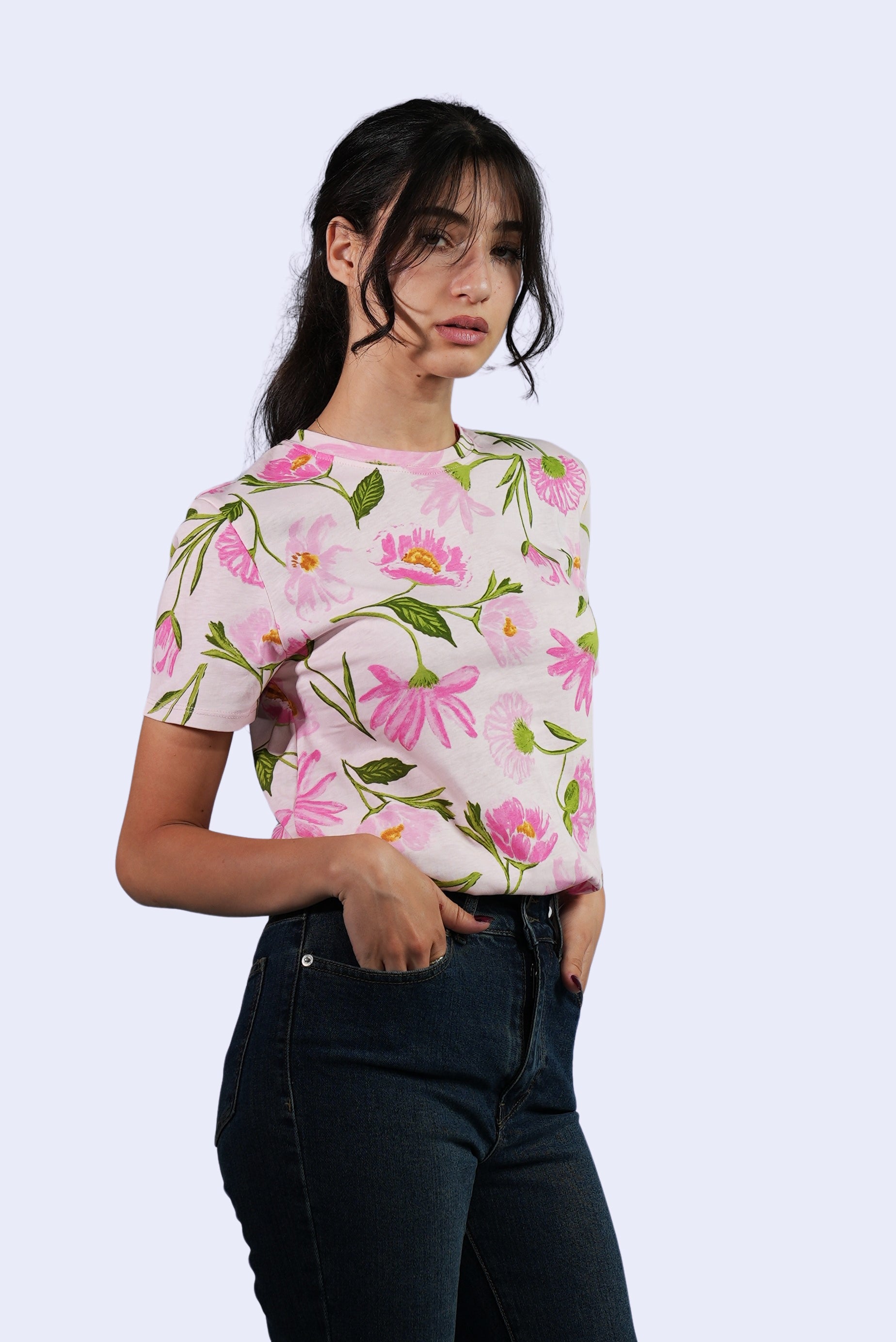 T-shirt fleuri rose