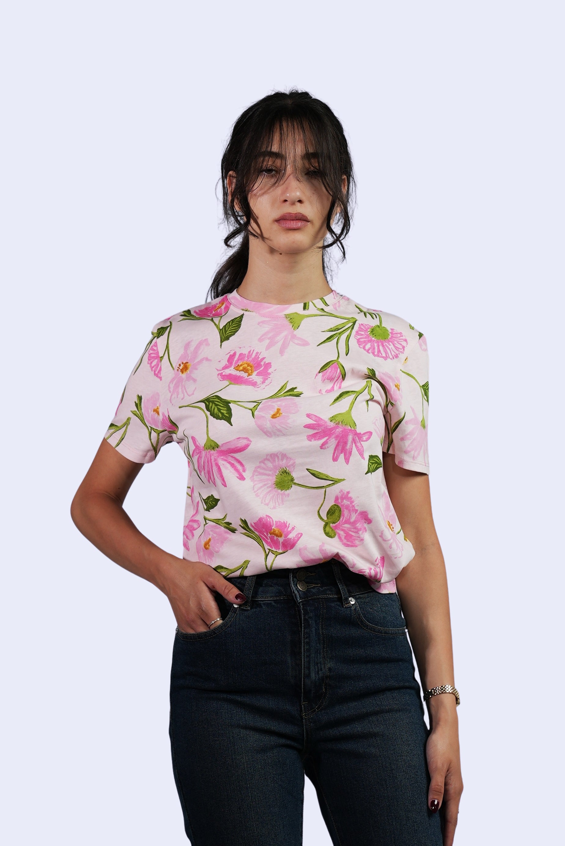 T-shirt fleuri rose