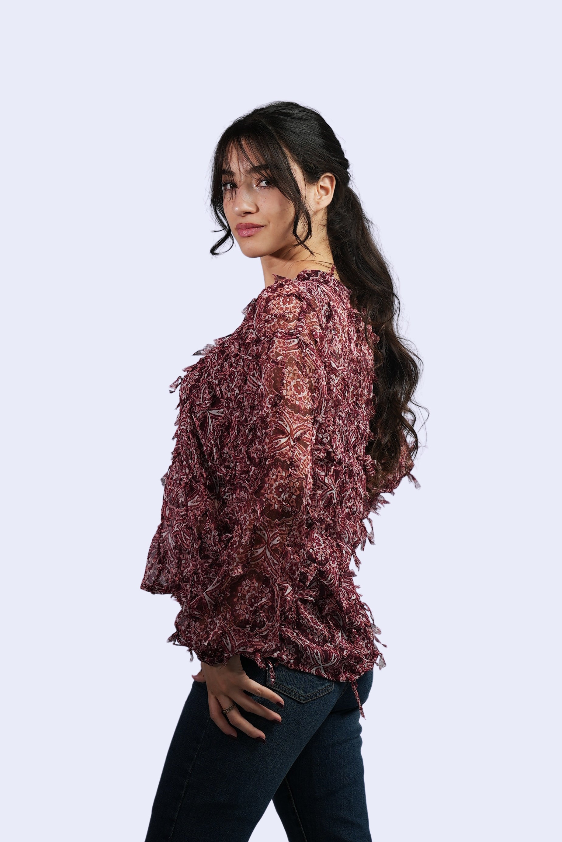 Blouse imprimée bohème bordeaux