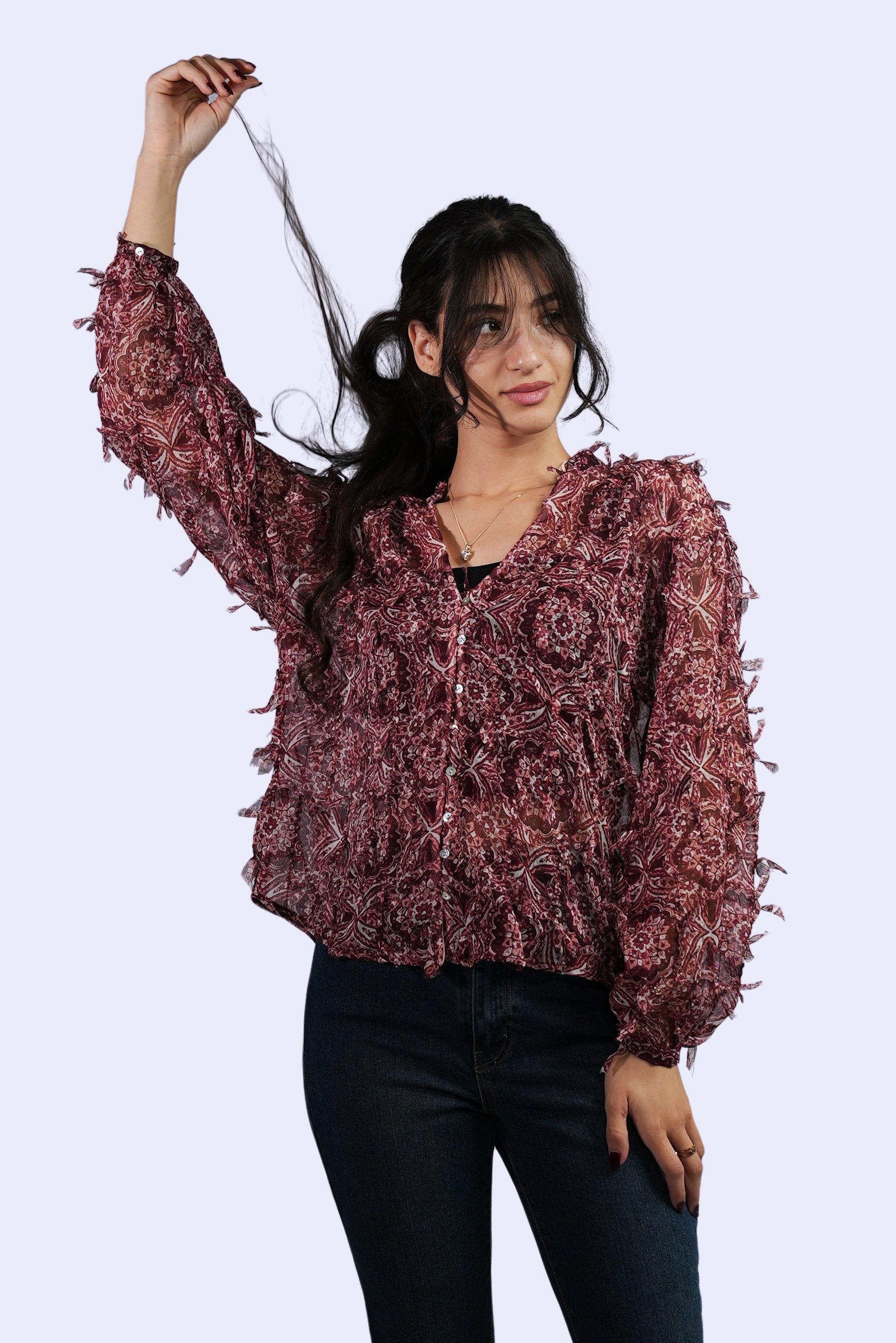 Blouse imprimée bohème bordeaux