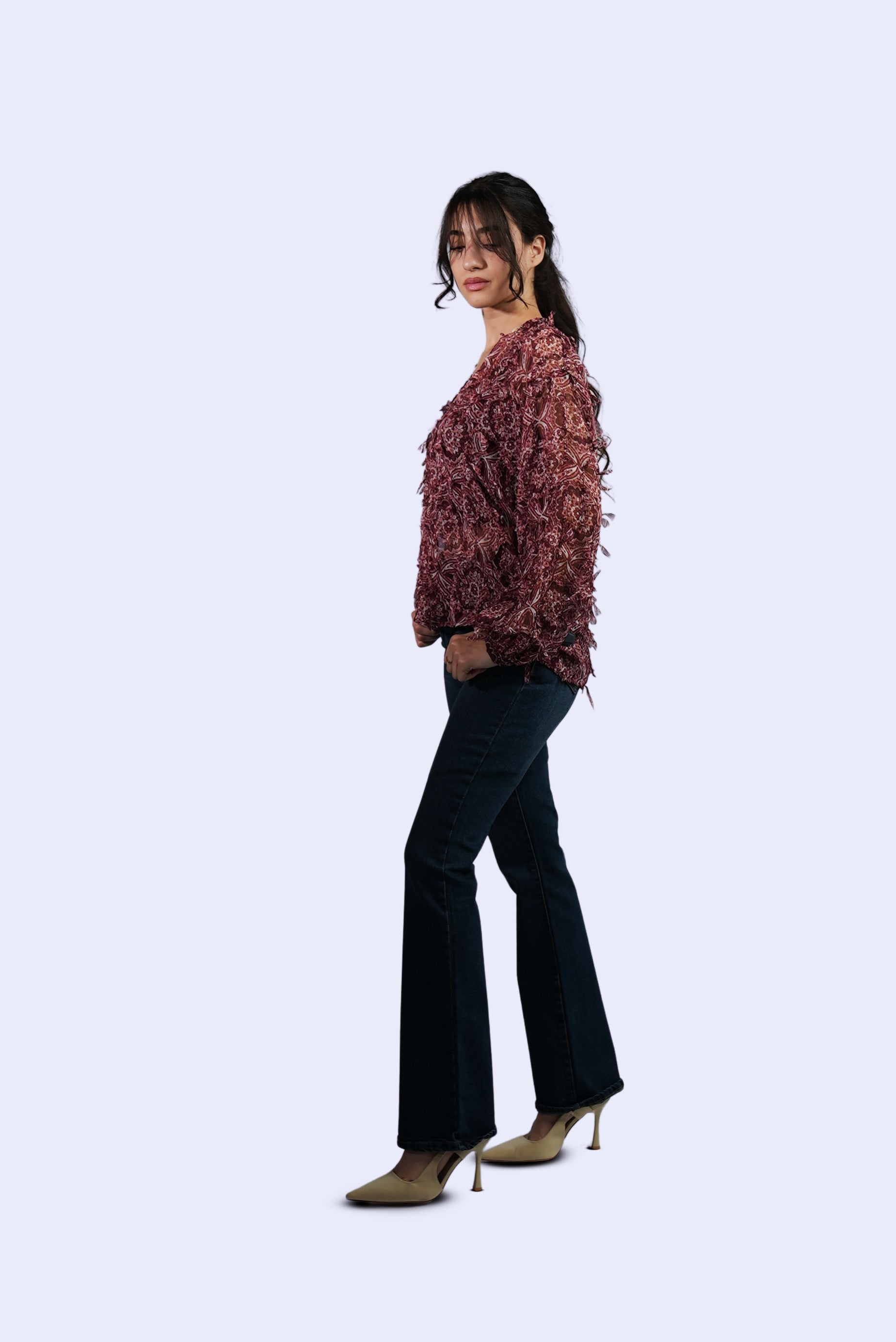 Blouse imprimée bohème bordeaux