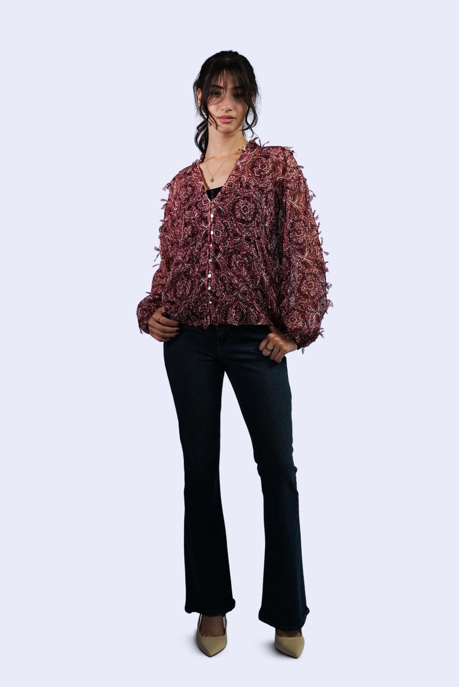 Blouse imprimée bohème bordeaux