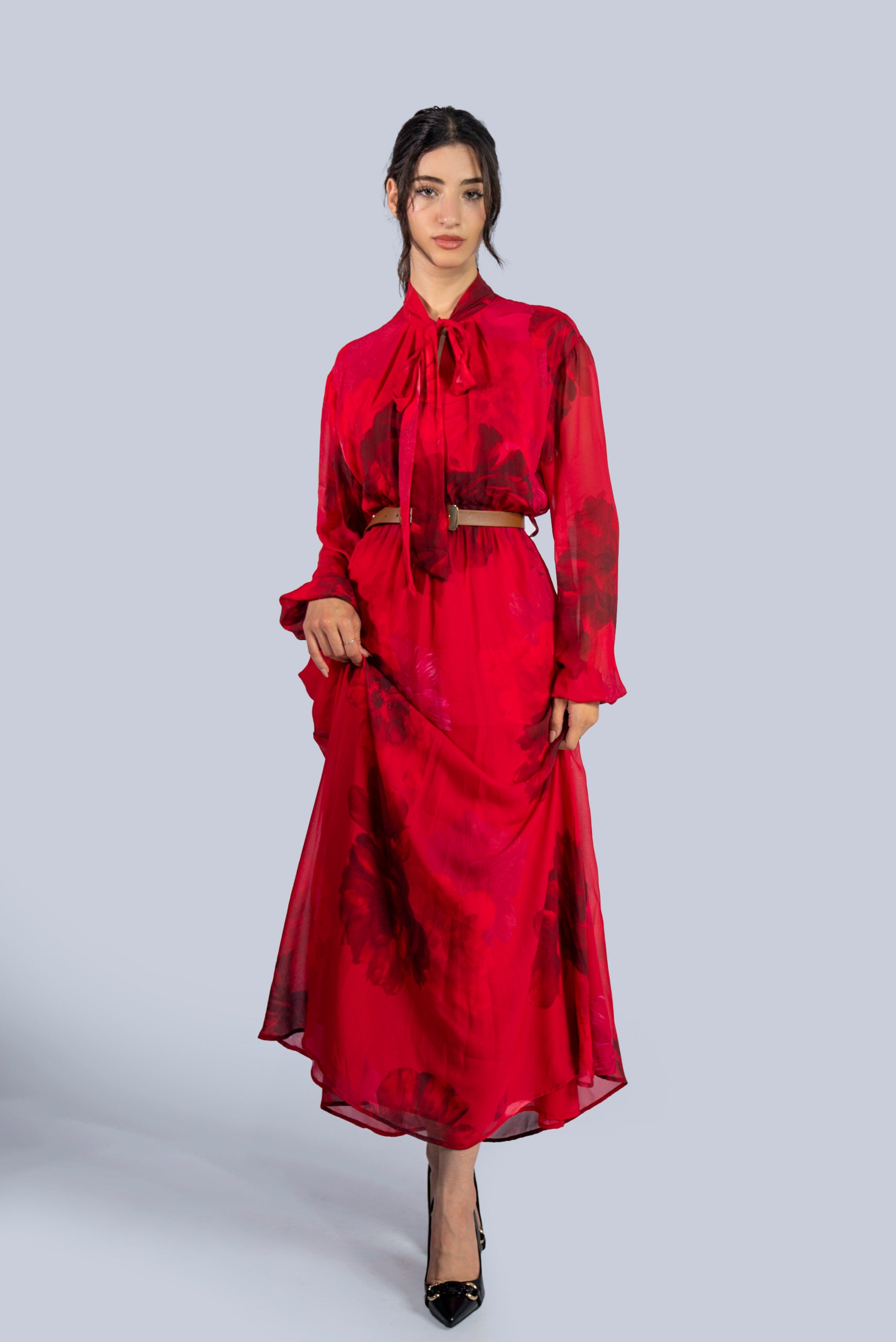 Robe beige imprimée à nœud