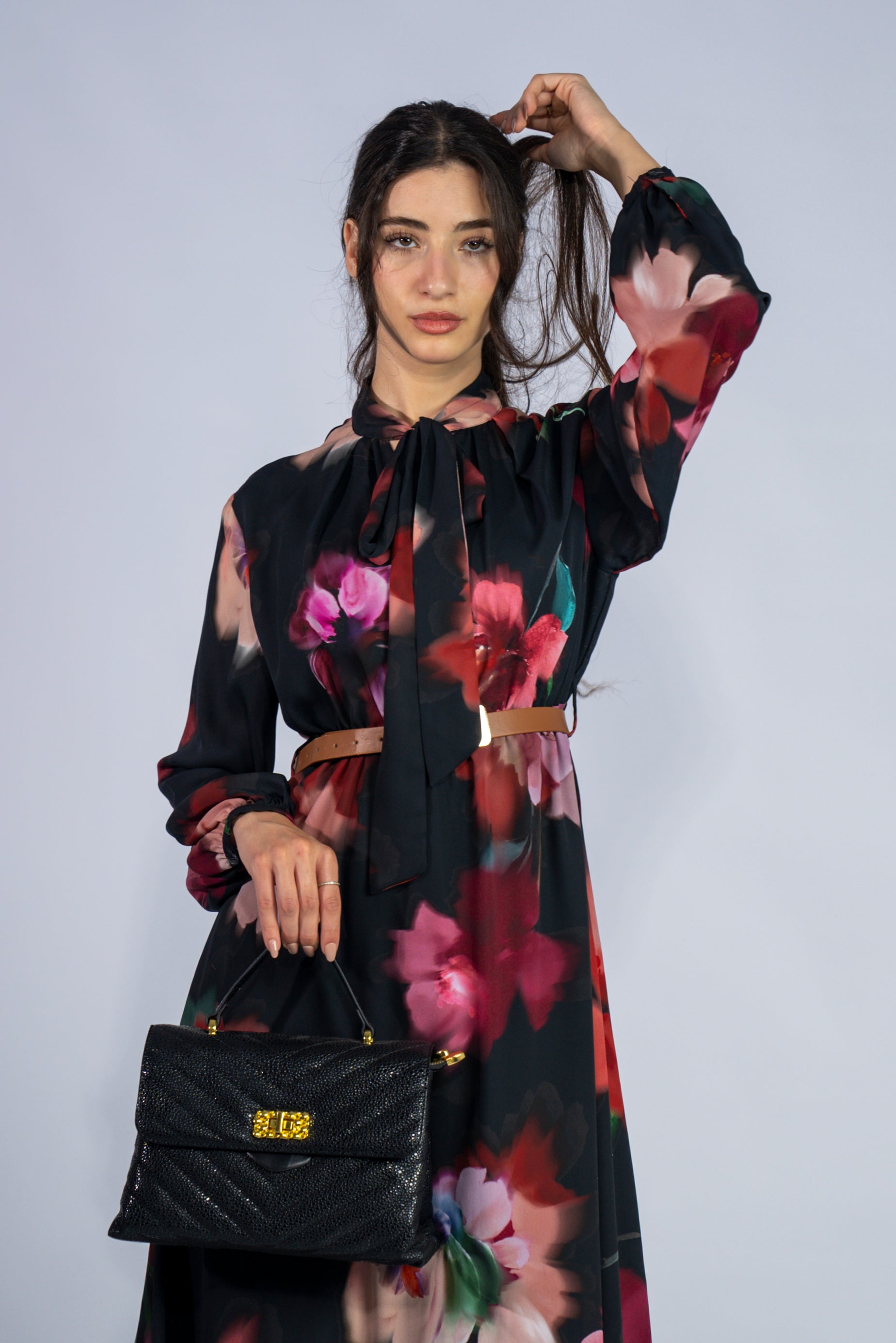 Robe beige imprimée à nœud