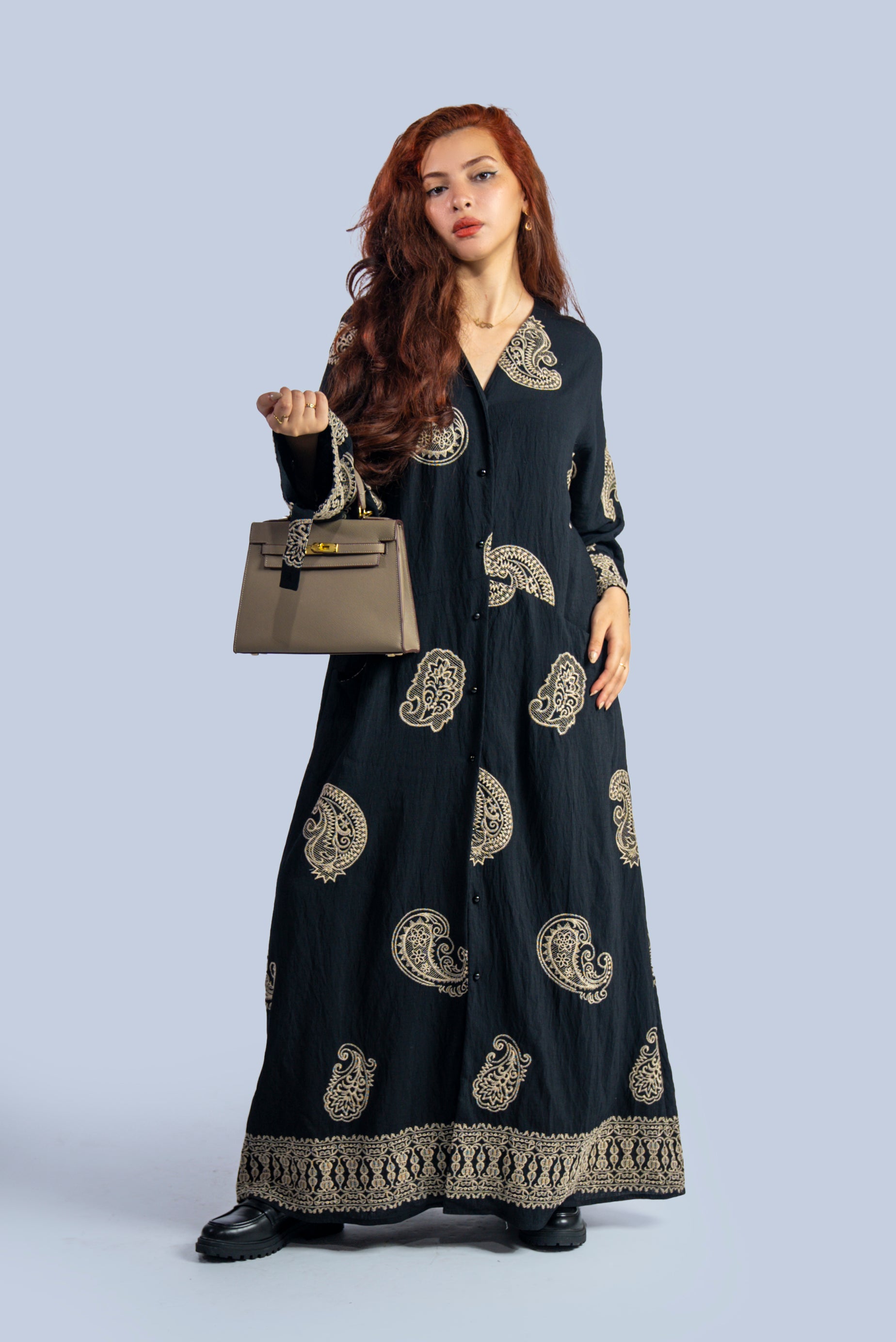 Robe longue  à motifs  crème
