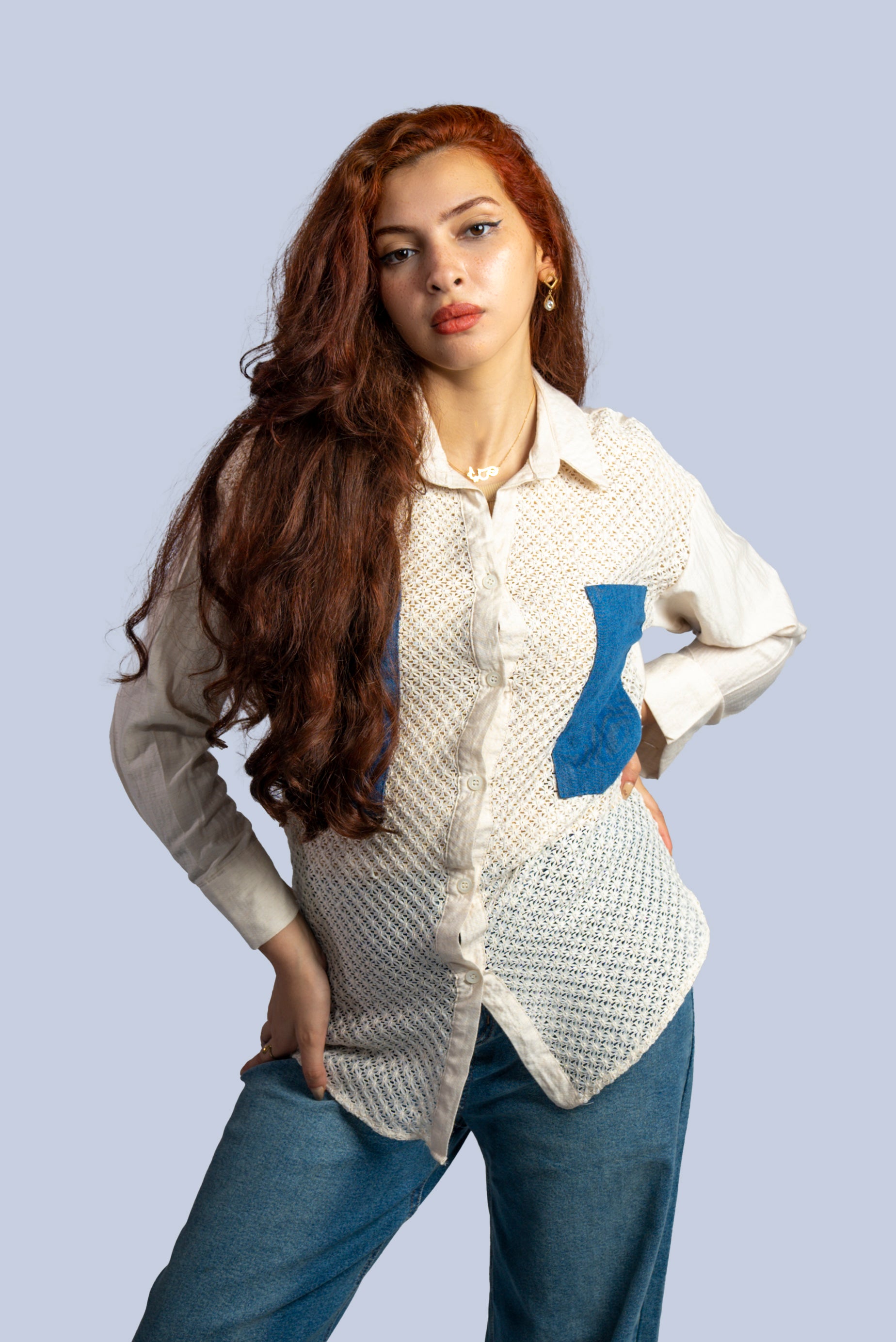 Chemise crème à poches  bleu marine