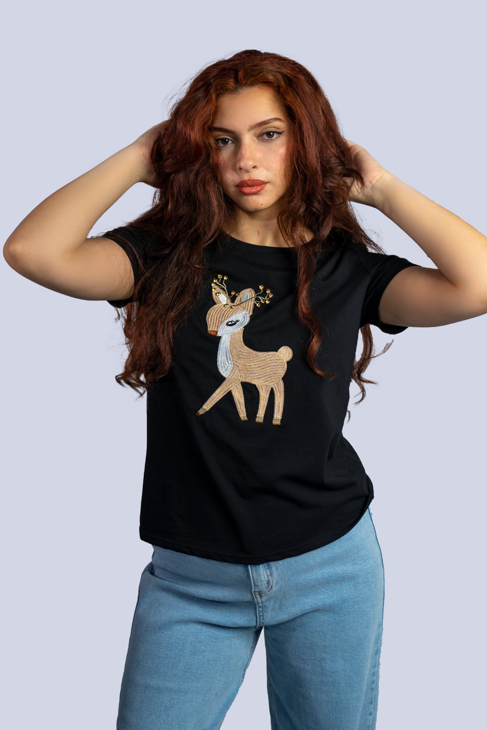 T-shirt avec faon brodé et perles