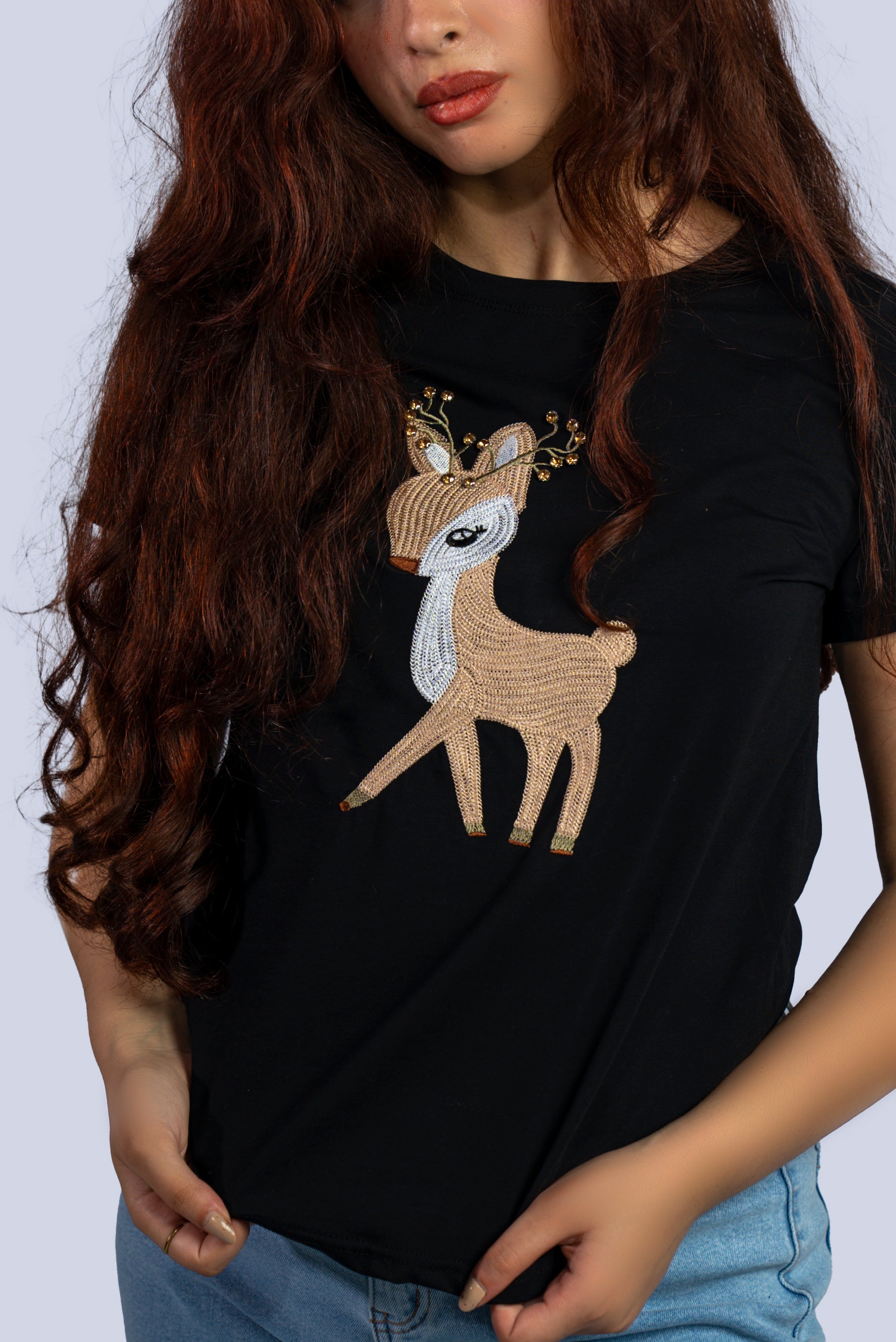 T-shirt avec faon brodé et perles