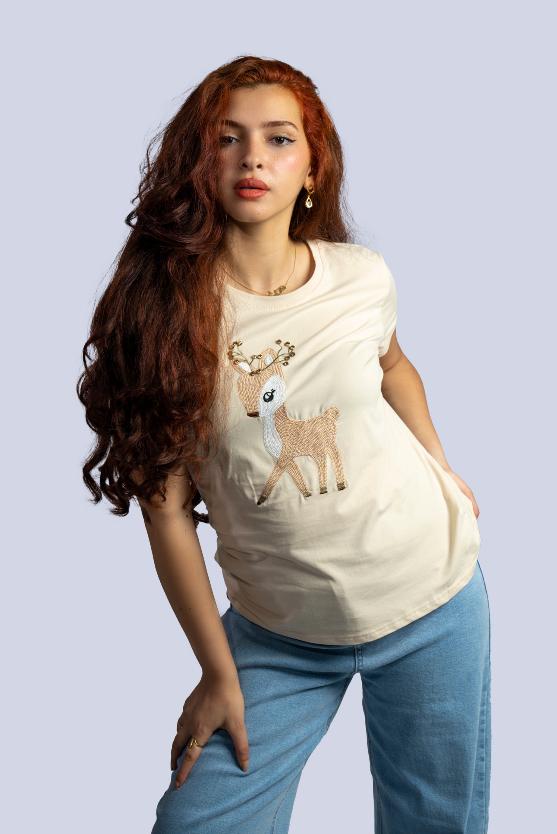 T-shirt avec faon brodé et perles