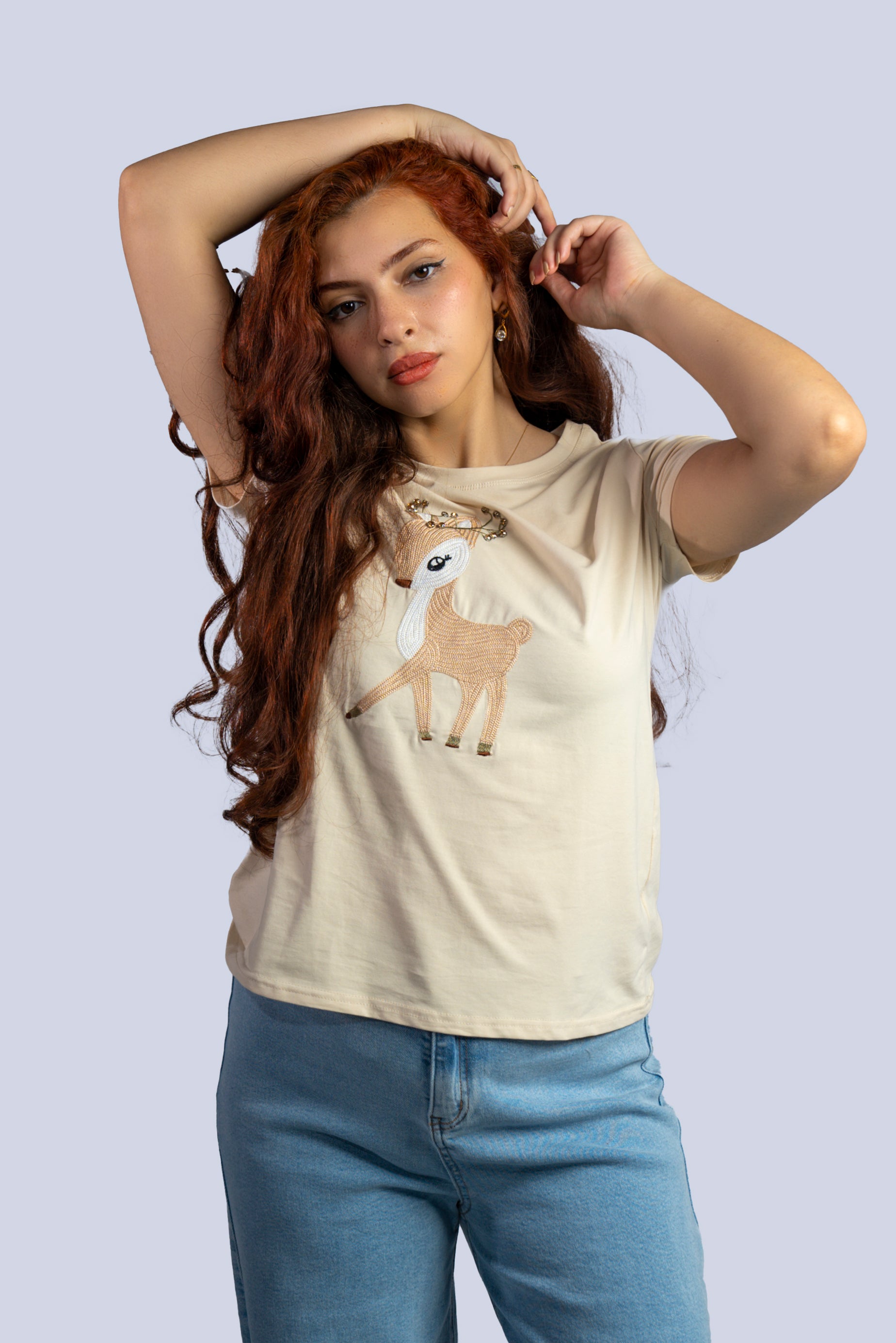 T-shirt avec faon brodé et perles