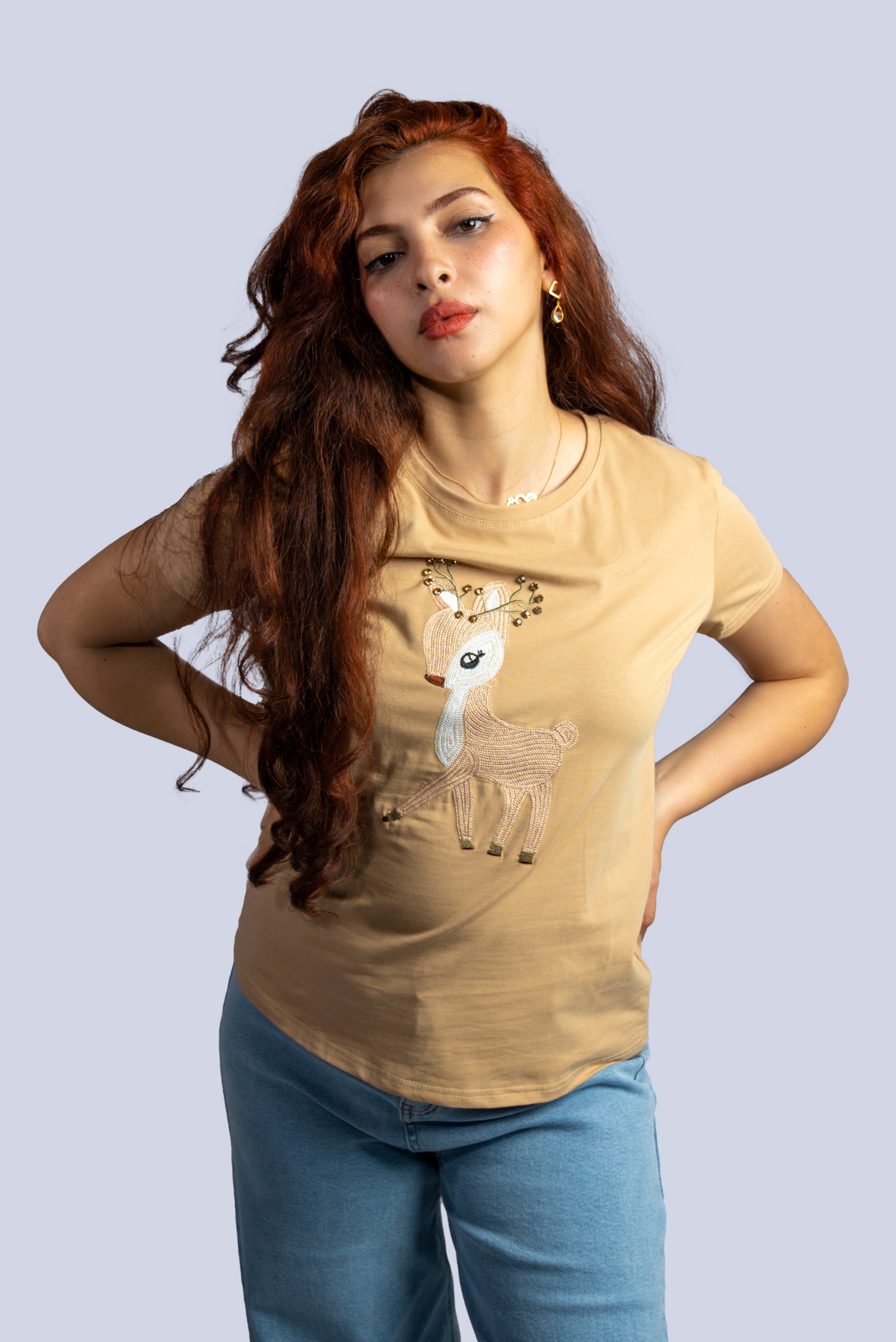 T-shirt avec faon brodé et perles