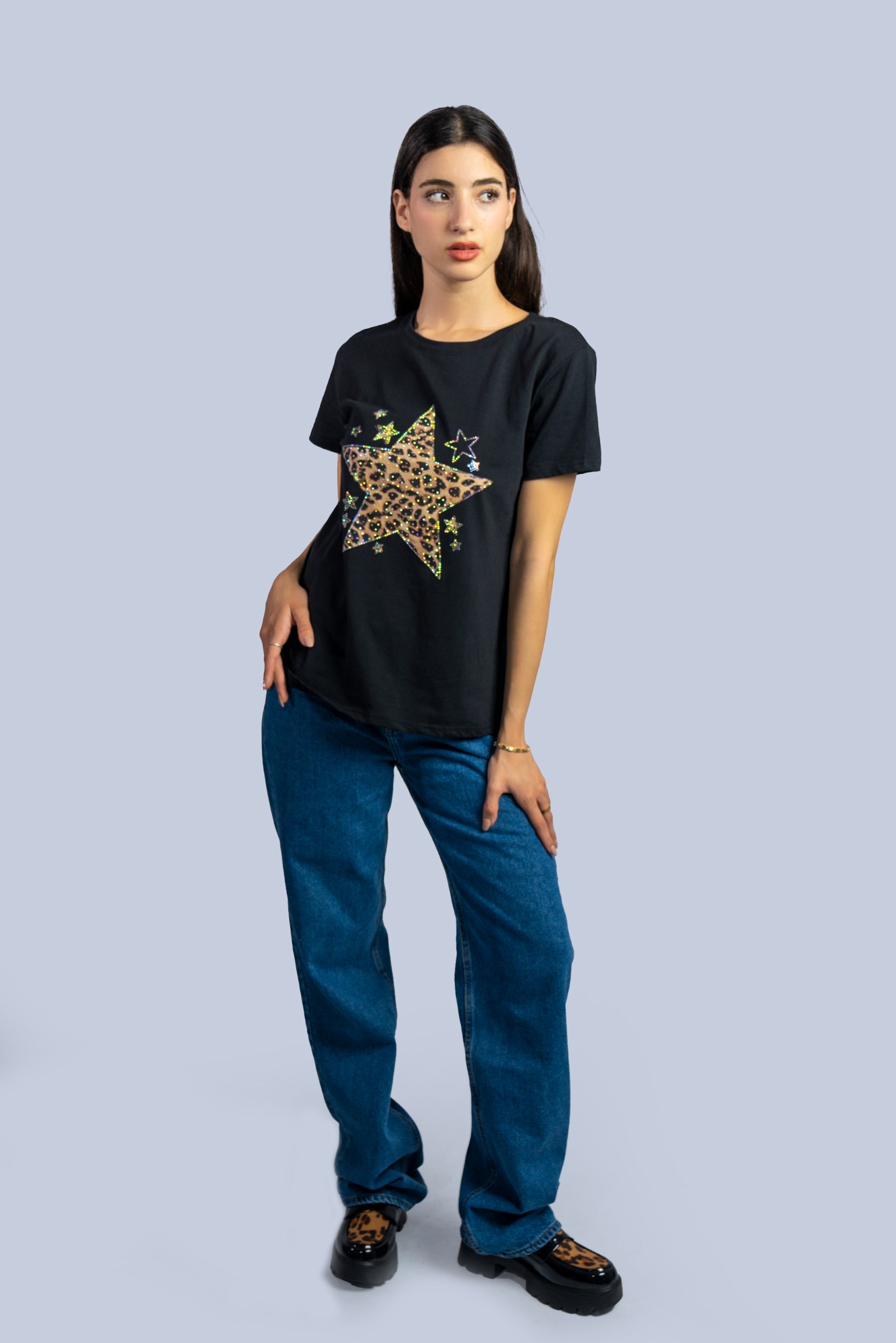 T-shirt  avec étoile imprimée léopard et strass