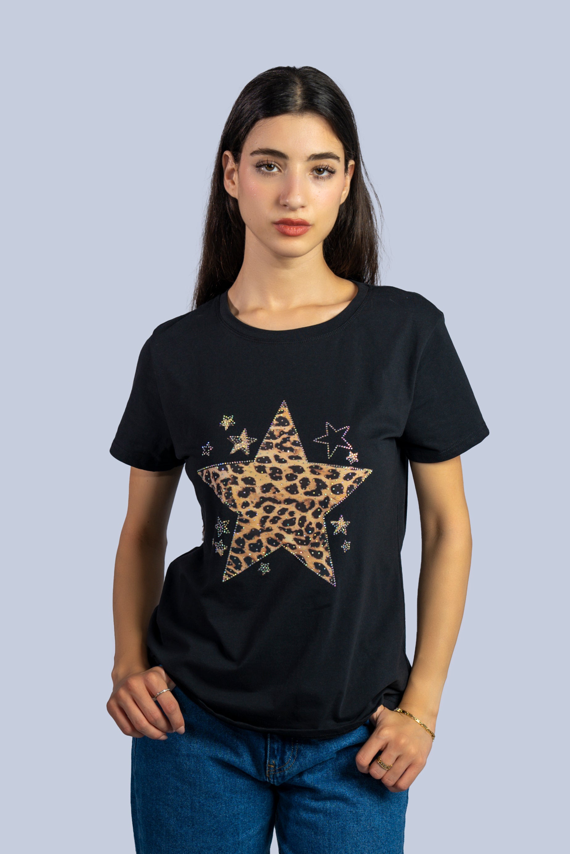 T-shirt  avec étoile imprimée léopard et strass