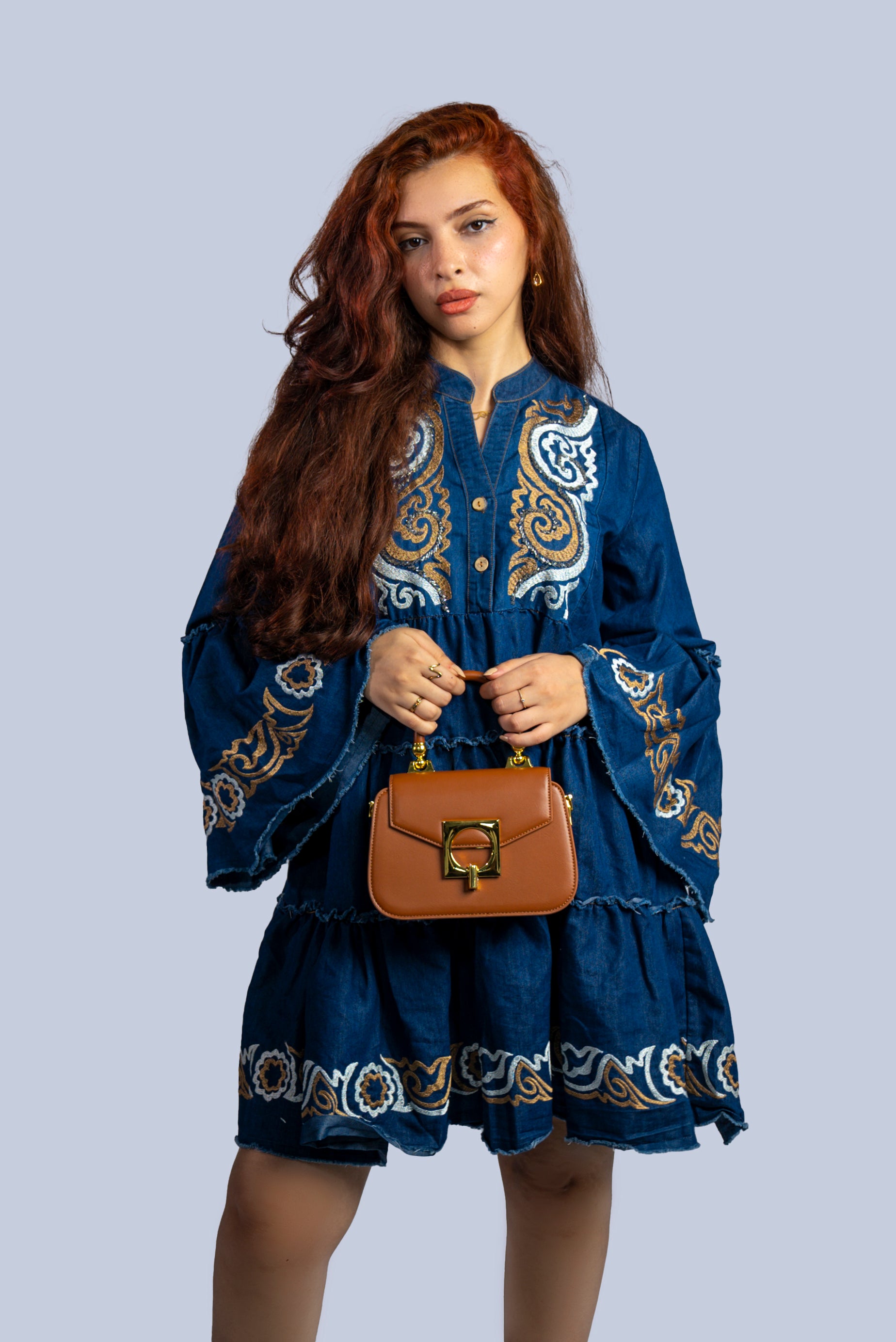 Robe courte en jean à manches longues bouffantes