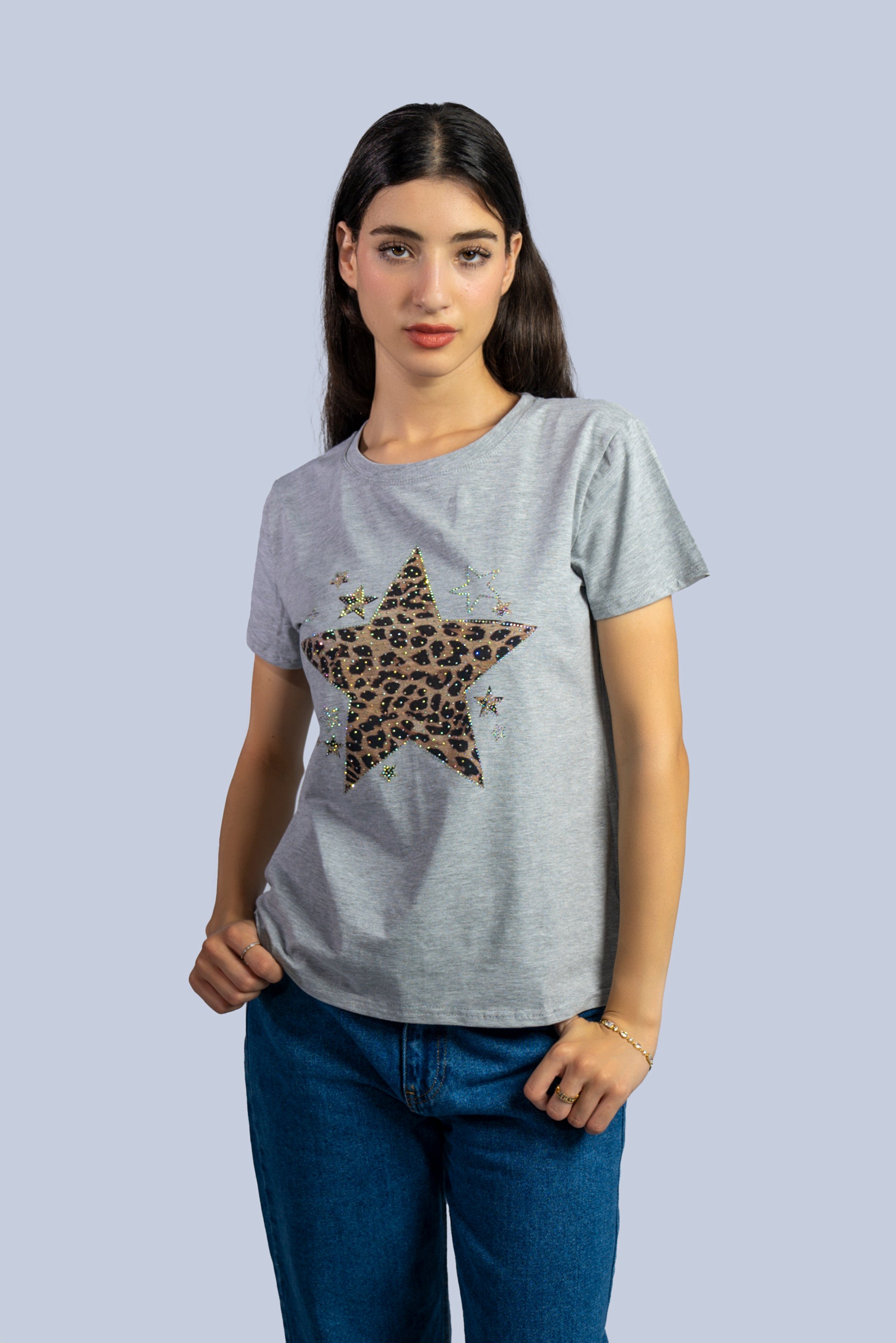 T-shirt  avec étoile imprimée léopard et strass