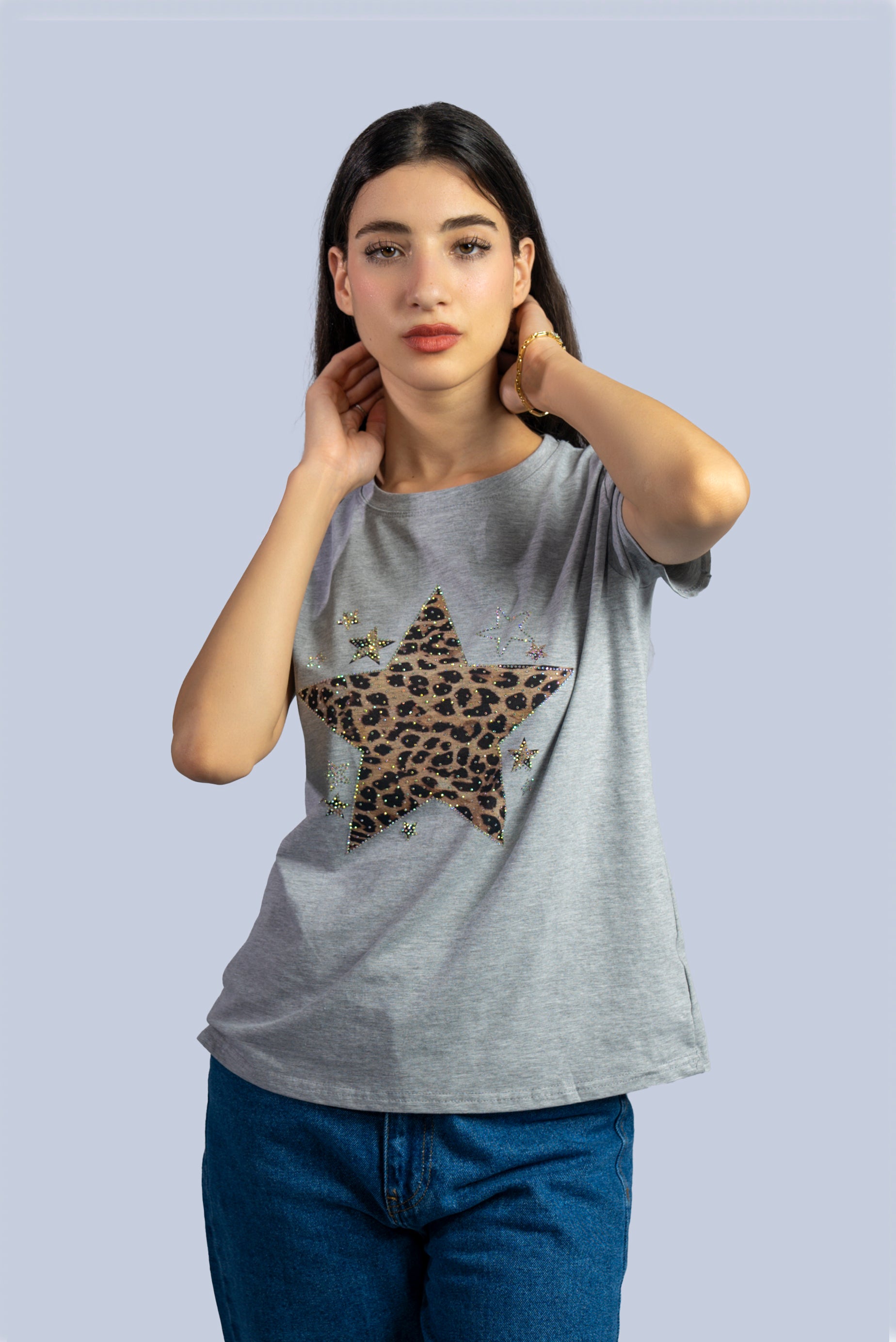 T-shirt  avec étoile imprimée léopard et strass