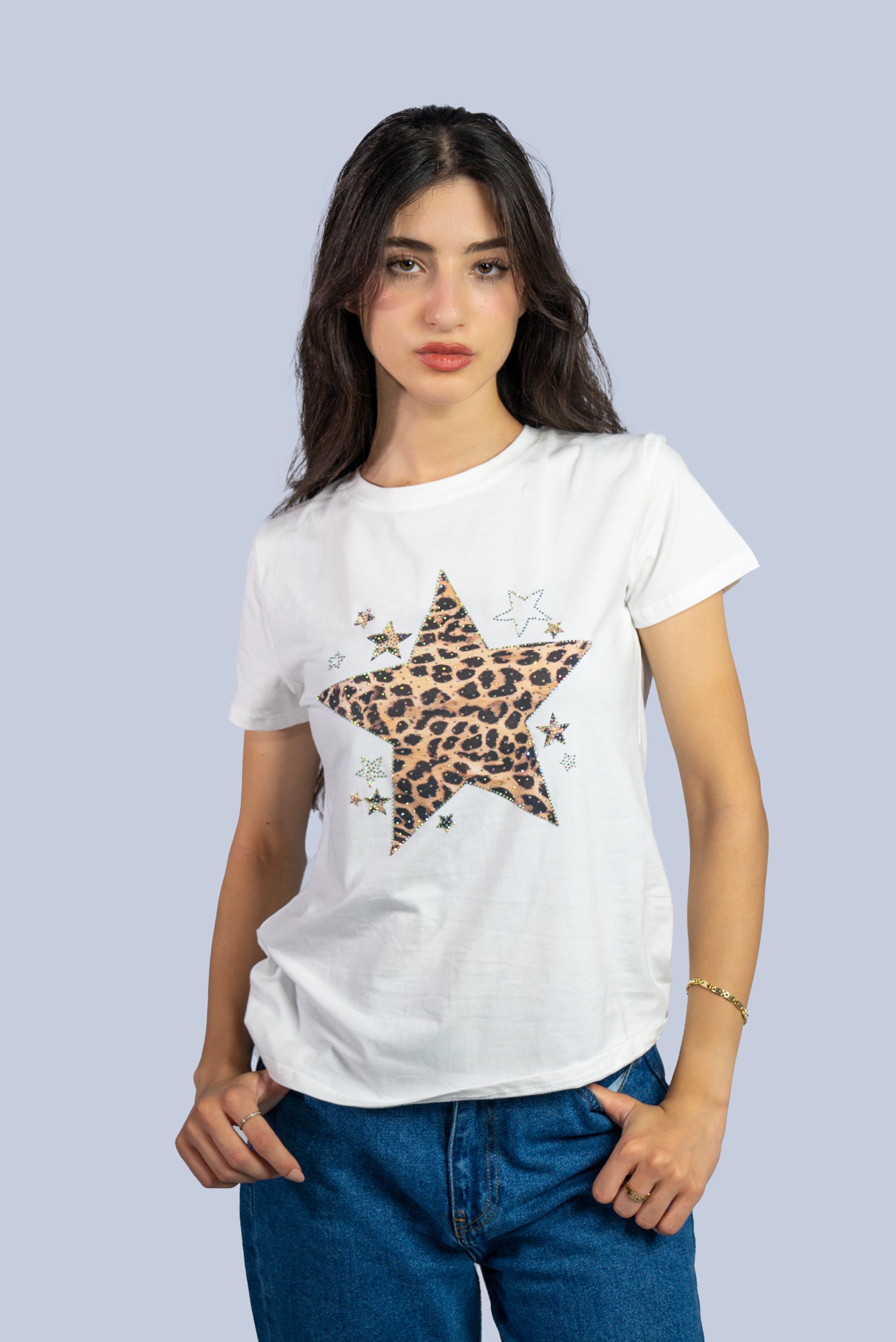 T-shirt  avec étoile imprimée léopard et strass
