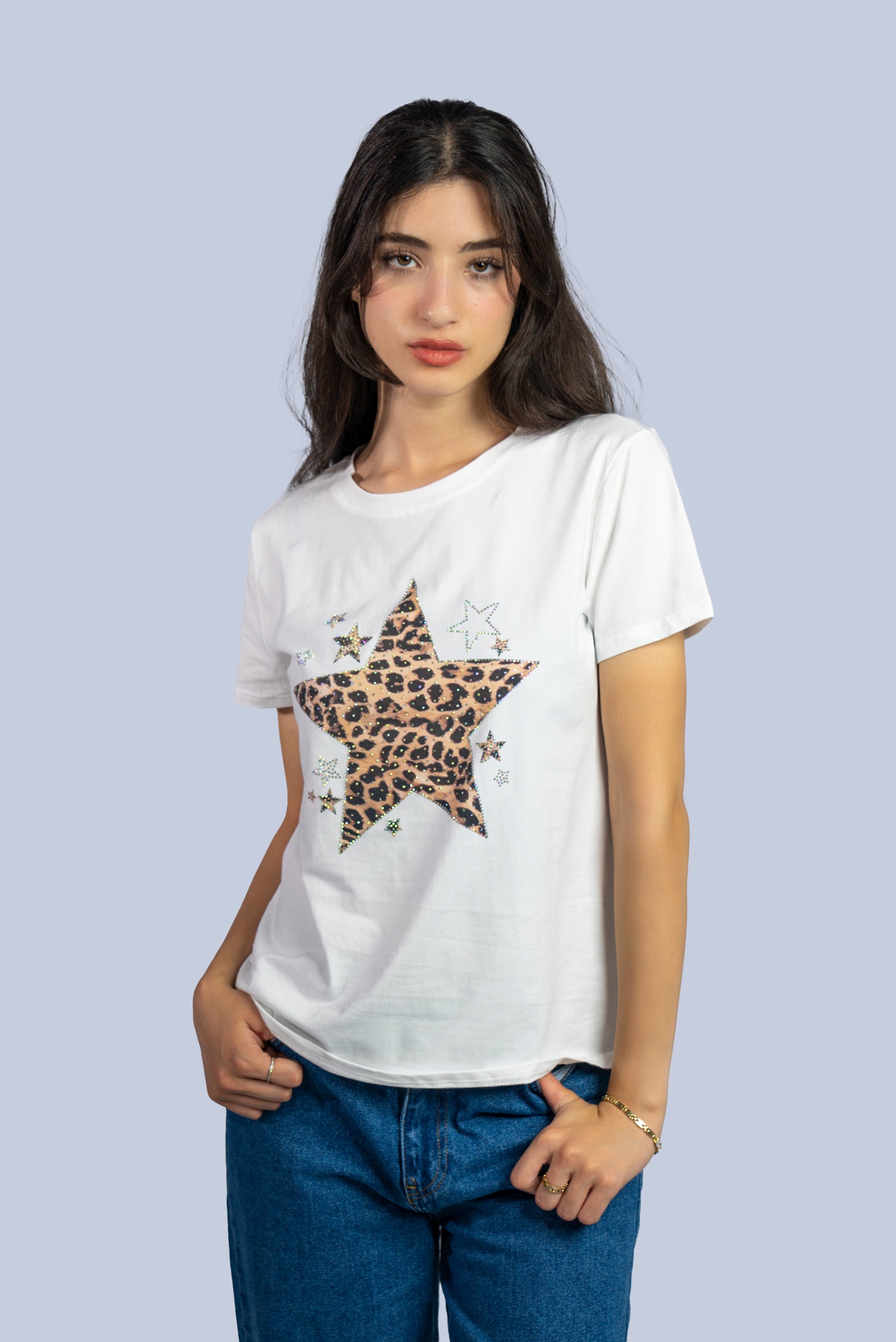 T-shirt  avec étoile imprimée léopard et strass