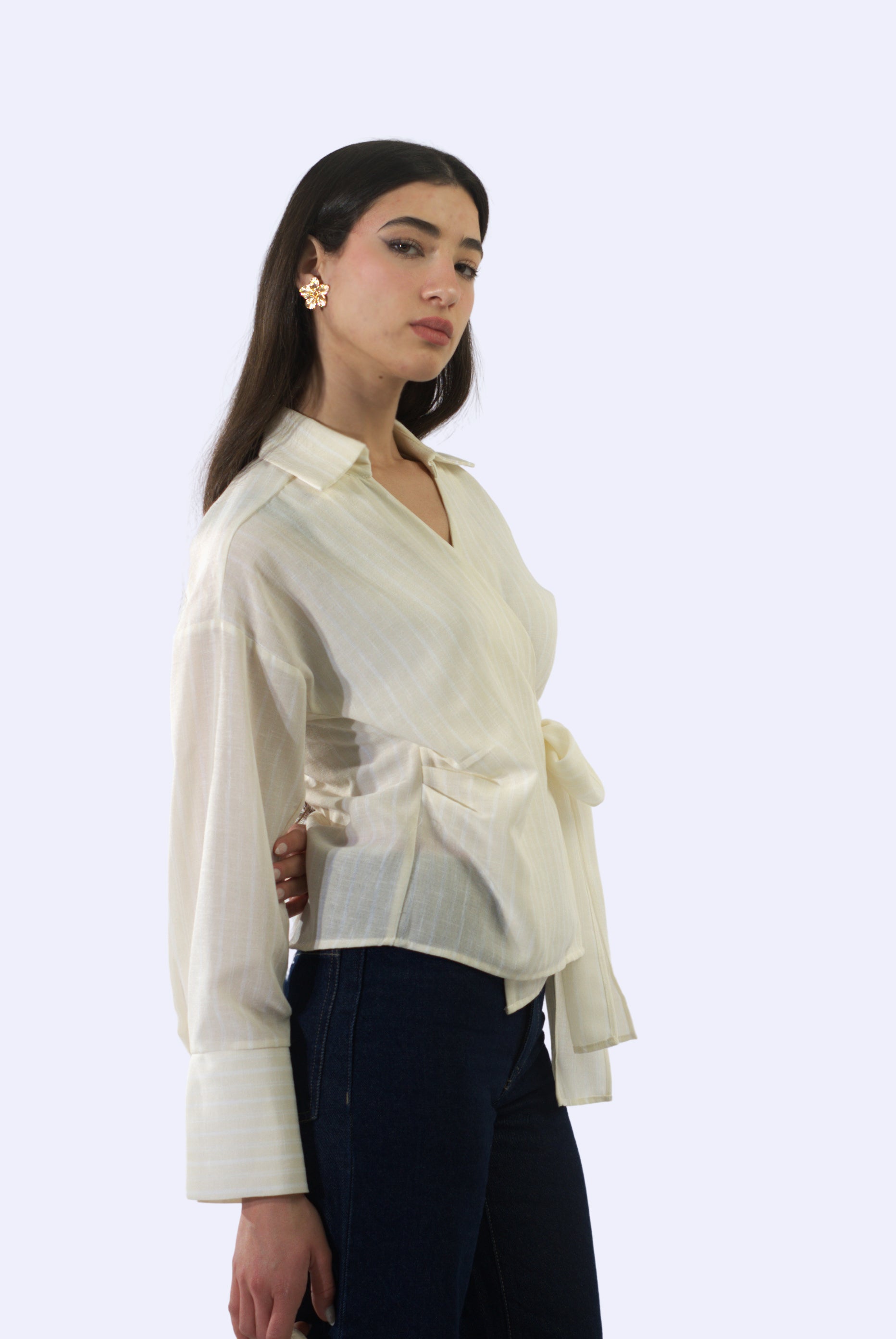 Chemise cache-cœur à manches longues en Lin