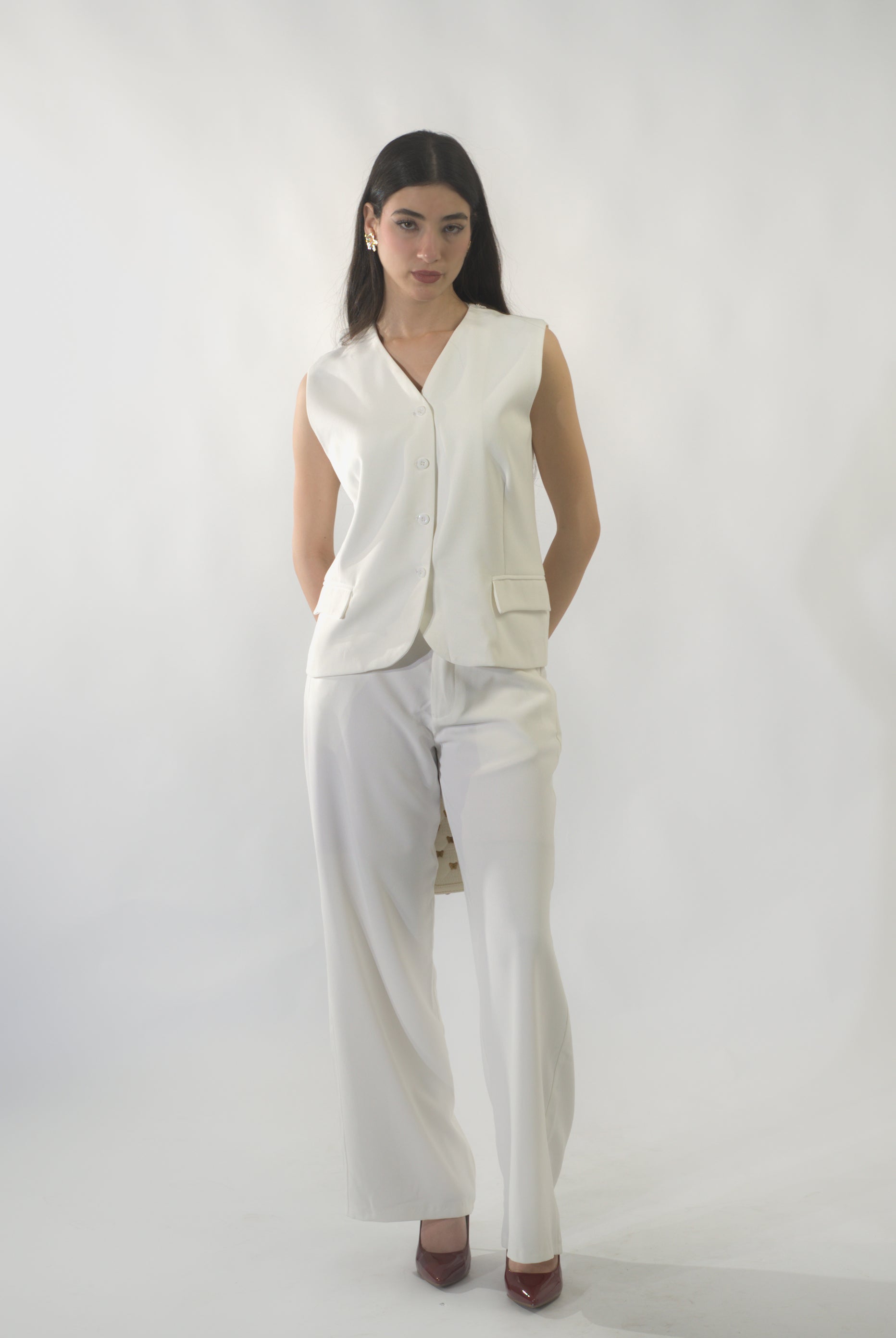 Ensemble gilet de costume sans manches et pantalon long décontracté monochrome (RS ENSEMBLE RED 24348)